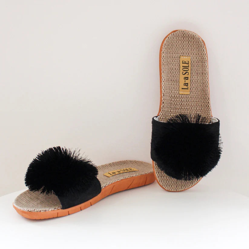 Black Pom Pom Slide Sandals with oversized pom pom and lightweight design