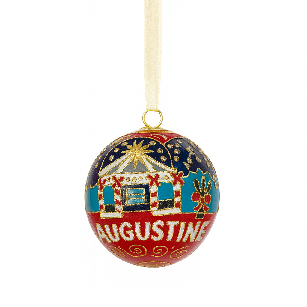 Decorative Christmas ball ornament with 'Augustine' text on a white background