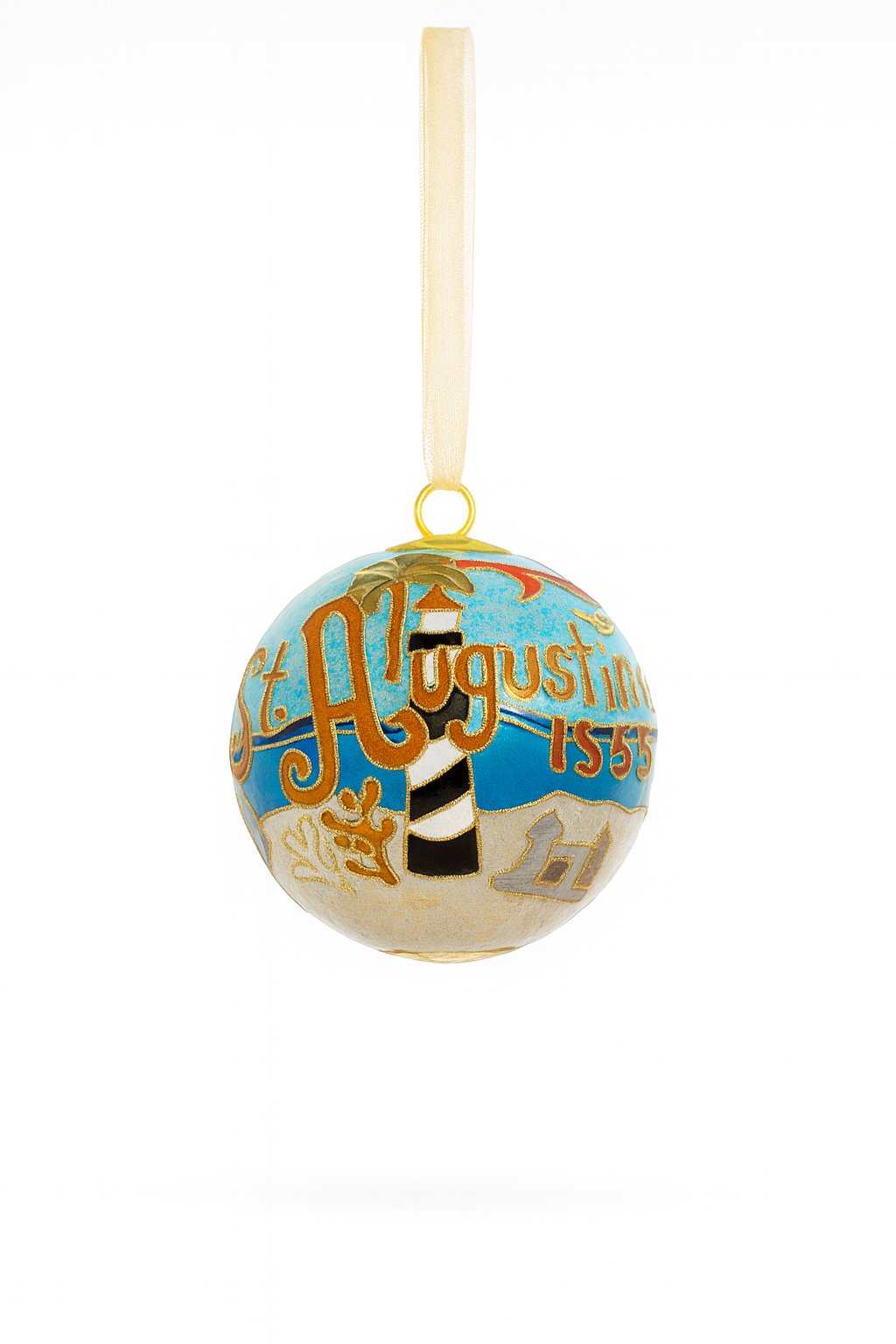 Cloisonné glass ornament featuring St. Augustine landmarks, palm trees, coastal scenery, and gold enamel details with a gold ribbon, shown on a clean white background.