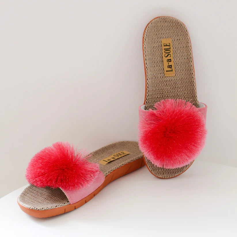 Fuschia Pom Pom Slide Sandals with bright pom pom and natural woven sole