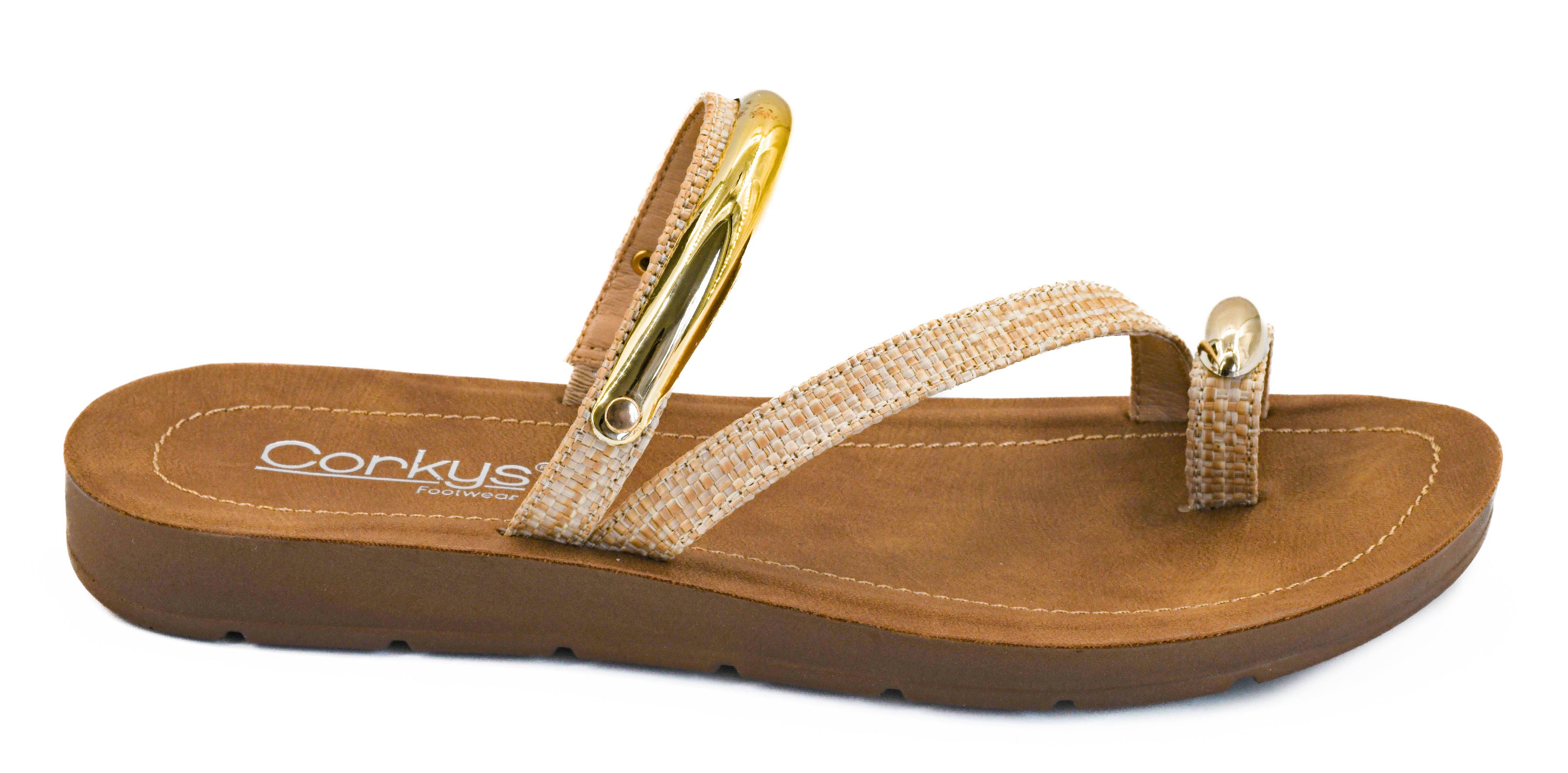 Natural raffia-style thong sandal with gold metallic accent details, a tan cushioned footbed, and a lightweight brown flat sole.