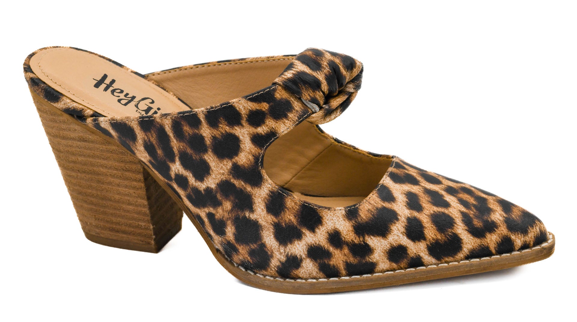 Leopard print slip-on mule heel with a knotted upper, pointed toe, open back, and stacked block heel.