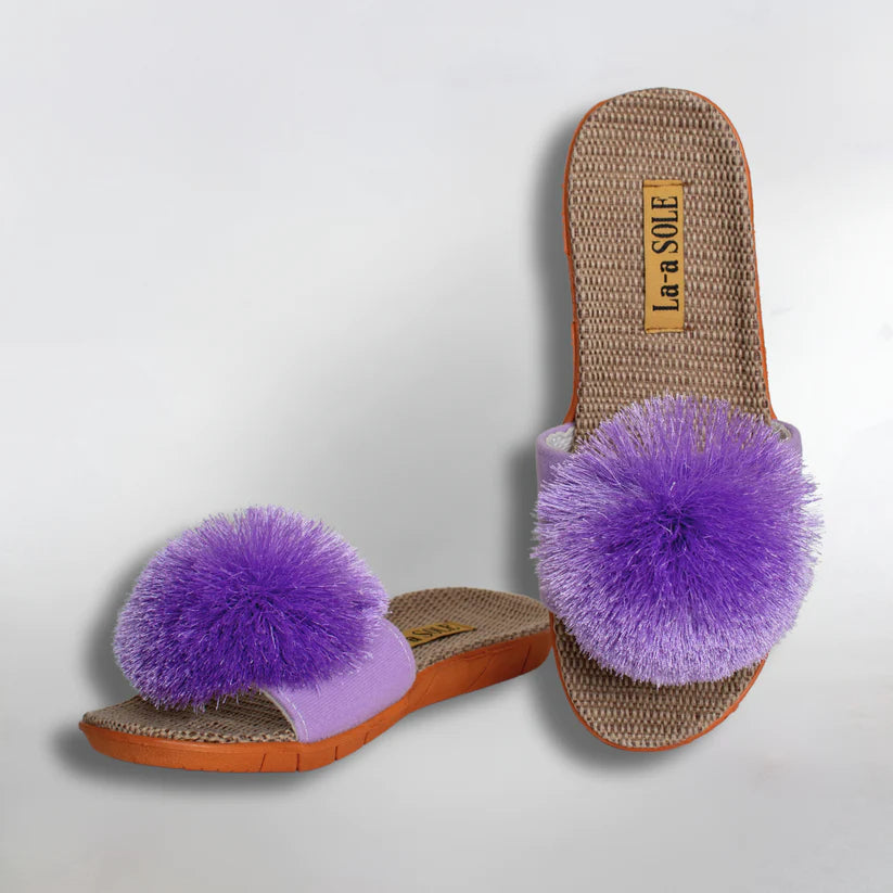 Lilac Pom Pom Slide Sandals with soft pom pom accent and slip-on fit