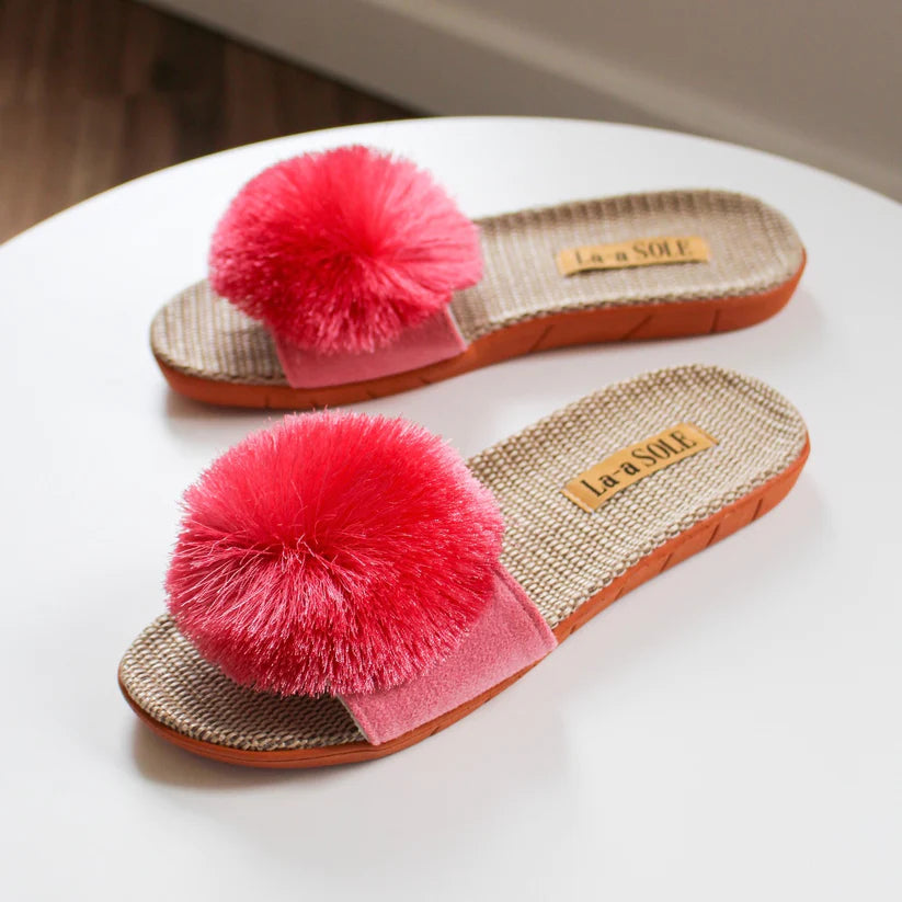Fuschia Pom Pom Slide Sandals with bright pom pom and natural woven sole