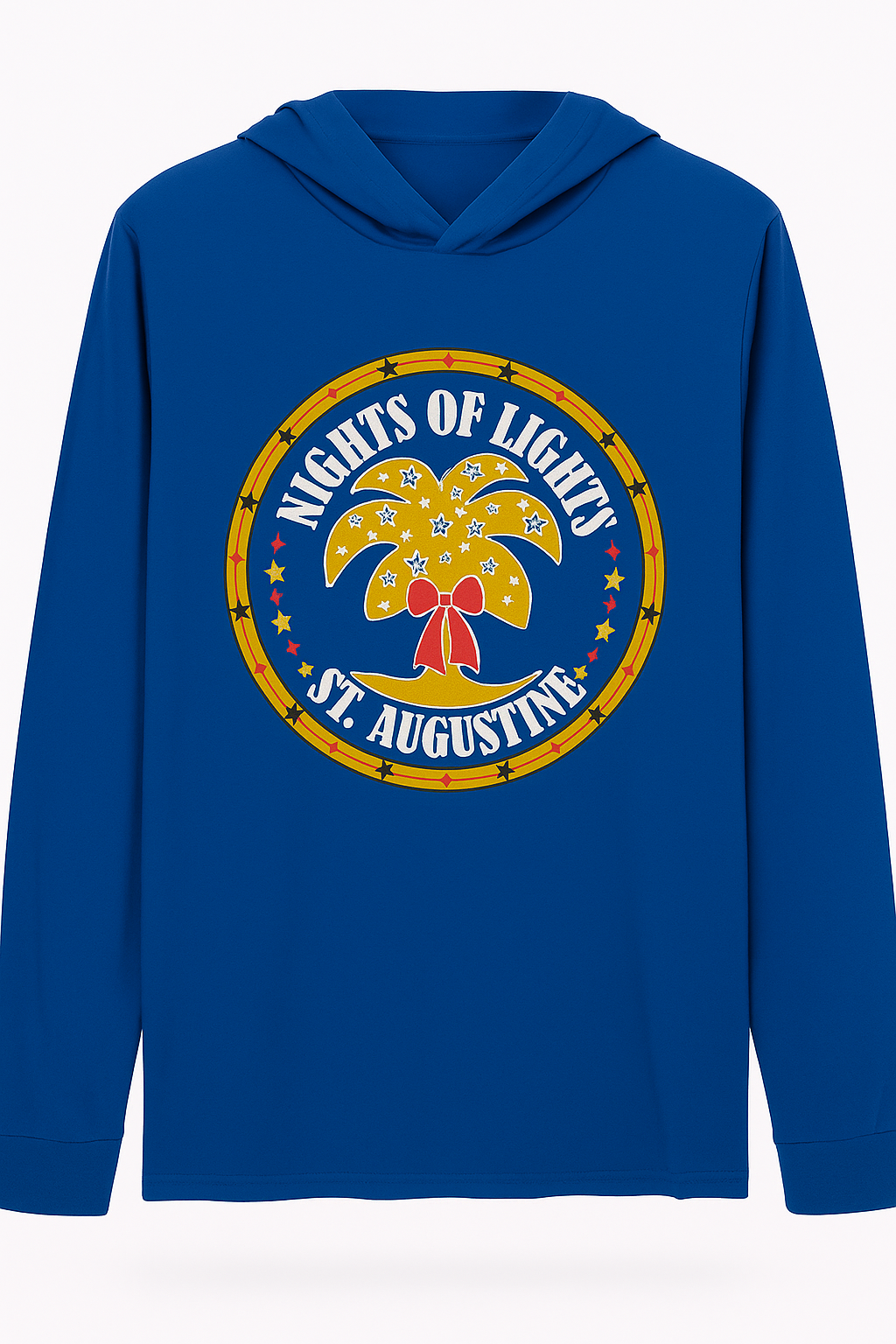 Royal blue long-sleeve hoodie tee featuring a circular “Nights of Lights St. Augustine” palm tree and star design in gold and red tones.