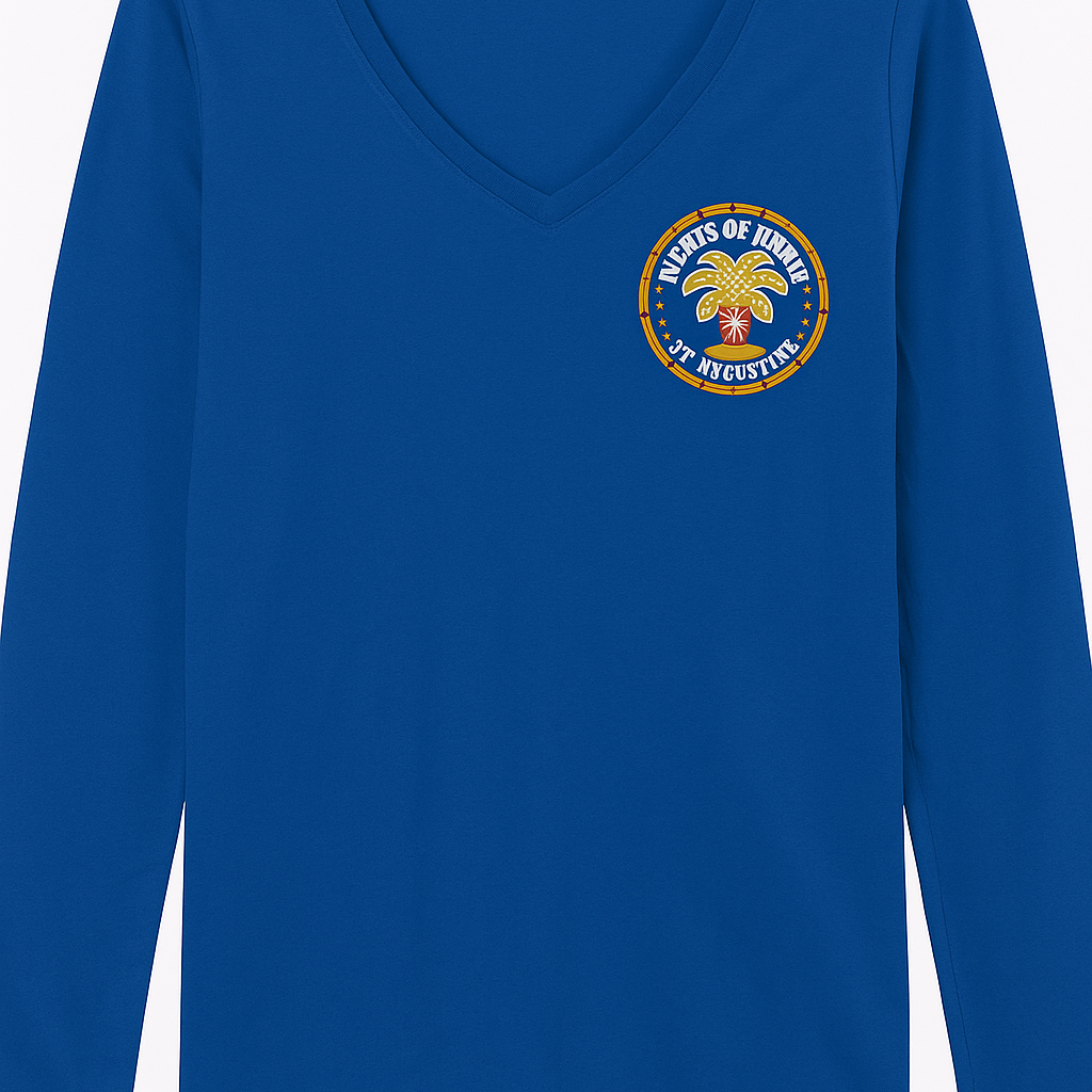 Royal blue long sleeve V-neck tee featuring small “Nights of Lights St. Augustine” palm tree logo on the left chest.
