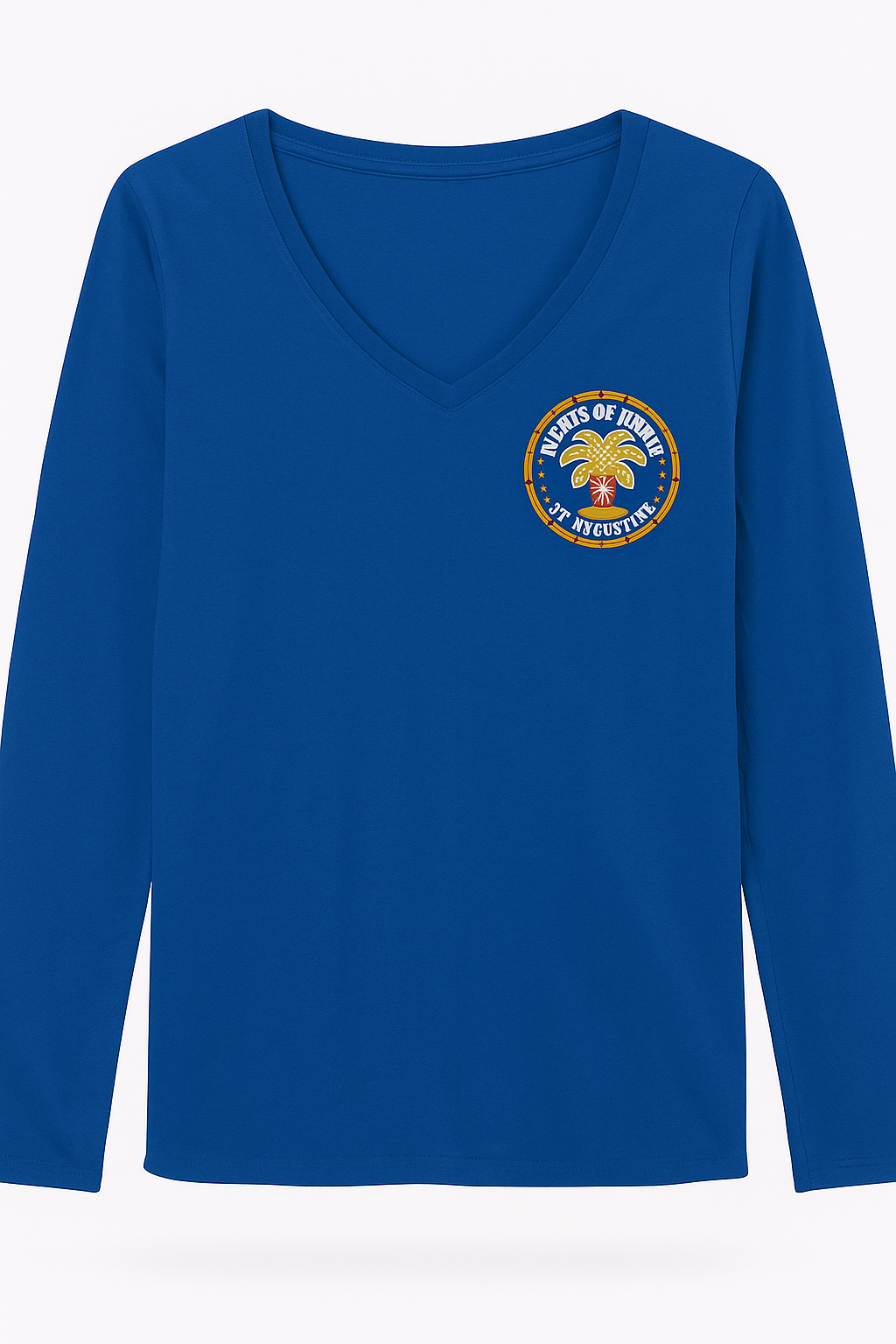 Royal blue long sleeve V-neck tee featuring small “Nights of Lights St. Augustine” palm tree logo on the left chest.