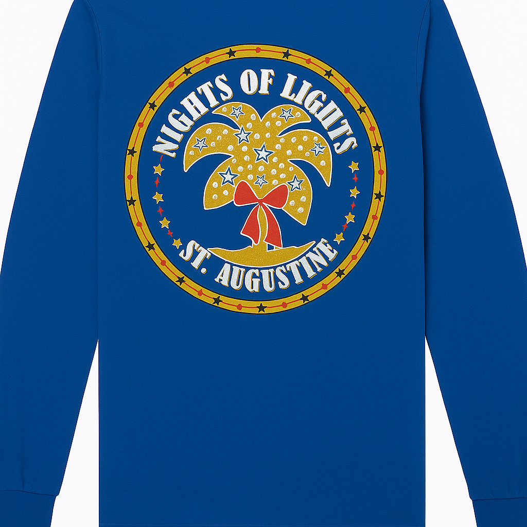 Blue long-sleeve shirt with a colorful graphic and text on the back against a white background
