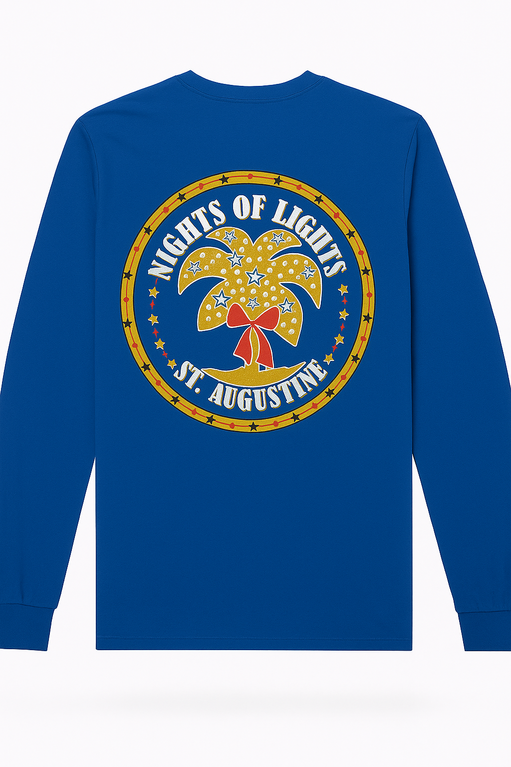 Blue long-sleeve shirt with a colorful graphic and text on the back against a white background