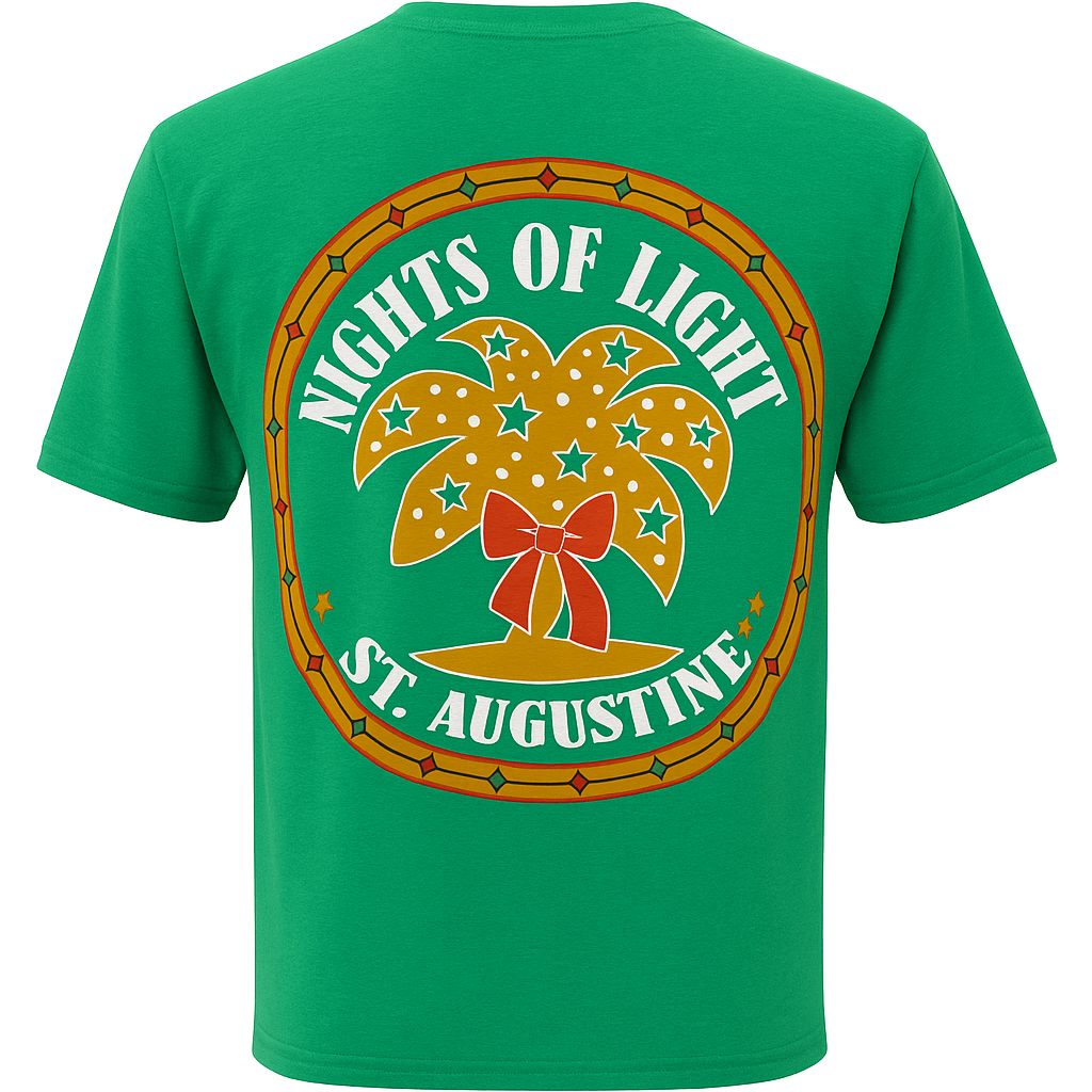 Green unisex T-shirt with a small front Nights of Lights St. Augustine emblem featuring a decorative palm tree with stars and a red bow, displayed on a clean white background.