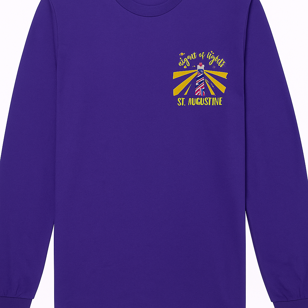 Purple long sleeve cotton tee featuring small “Nights of Lights St. Augustine” lighthouse and sunburst design on the left chest.