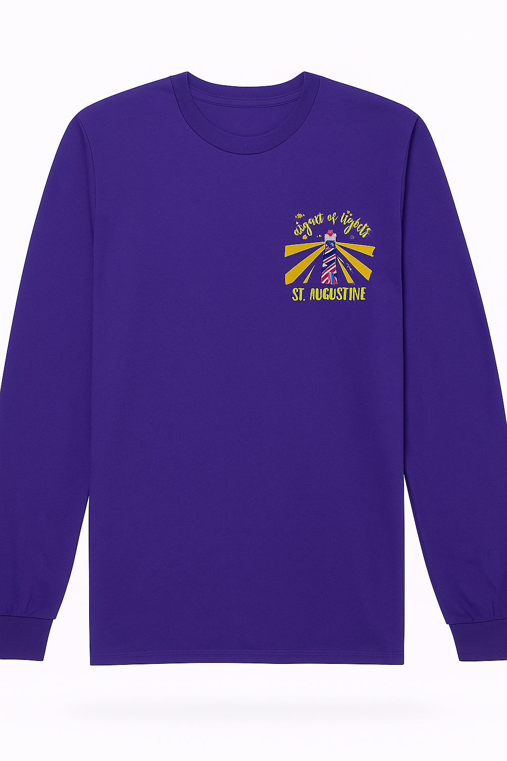 Purple long sleeve cotton tee featuring small “Nights of Lights St. Augustine” lighthouse and sunburst design on the left chest.
