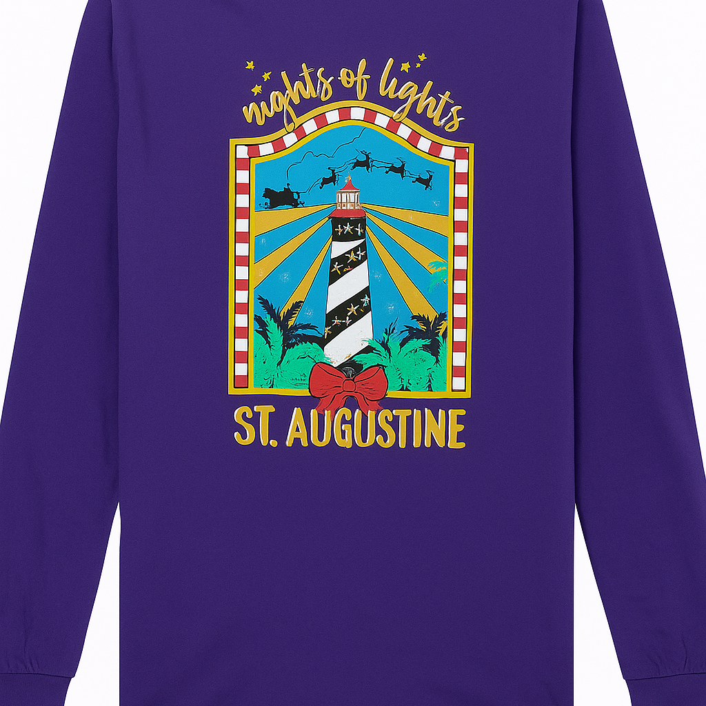 Purple long-sleeve cotton tee featuring a large festive “Nights of Lights St. Augustine” lighthouse gra