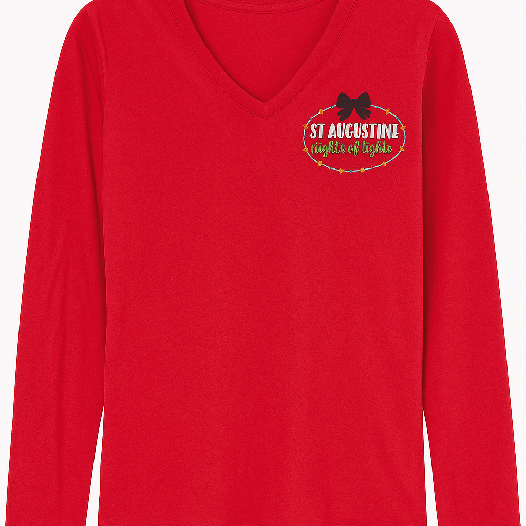Red long-sleeve V-neck T-shirt with “St. Augustine Nights of Lights” design featuring a festive gazebo, moon, and holiday lights.