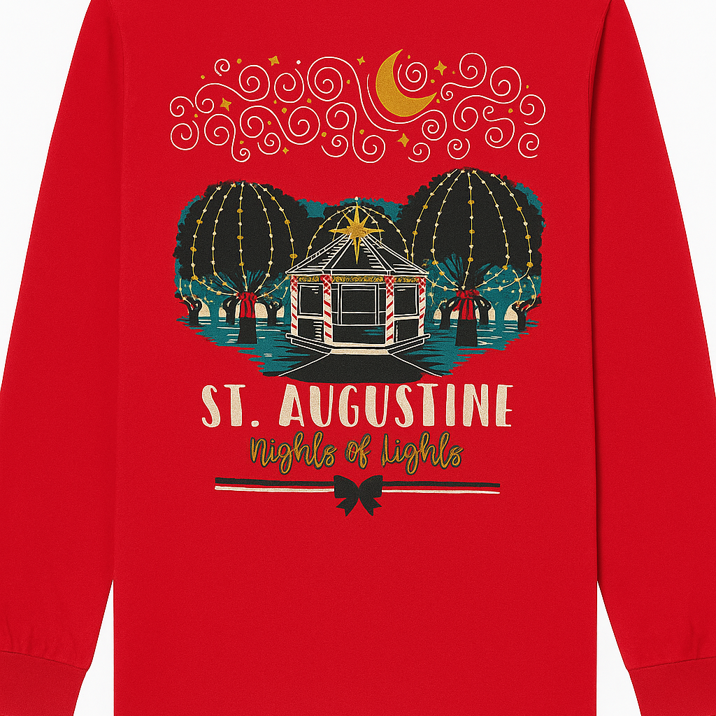 Celebrate St. Augustine’s Nights of Lights in this festive long-sleeve V-neck tee featuring a sparkling holiday gazebo design. Available at www.artsyabode.com
or in store at Artsy Abode located in historic downtown St Augustine.