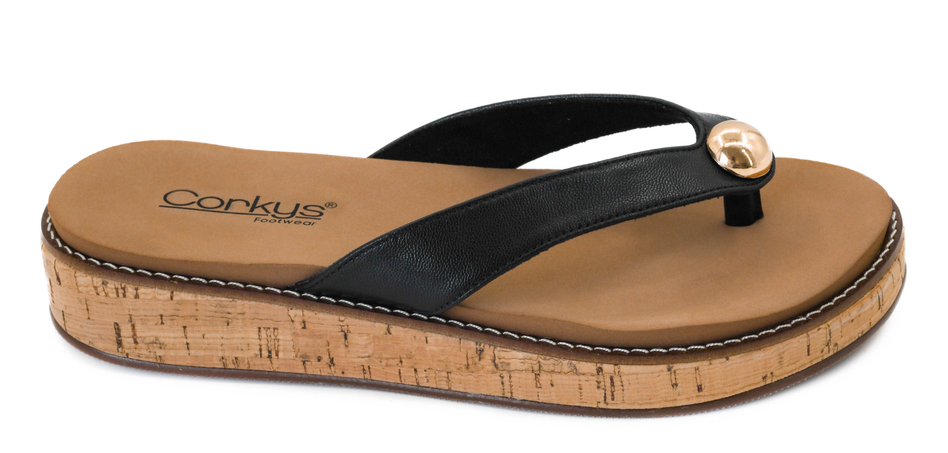 Black Corkys thong sandal with a cushioned tan footbed, gold accent detail, and cork-inspired wedge sole.