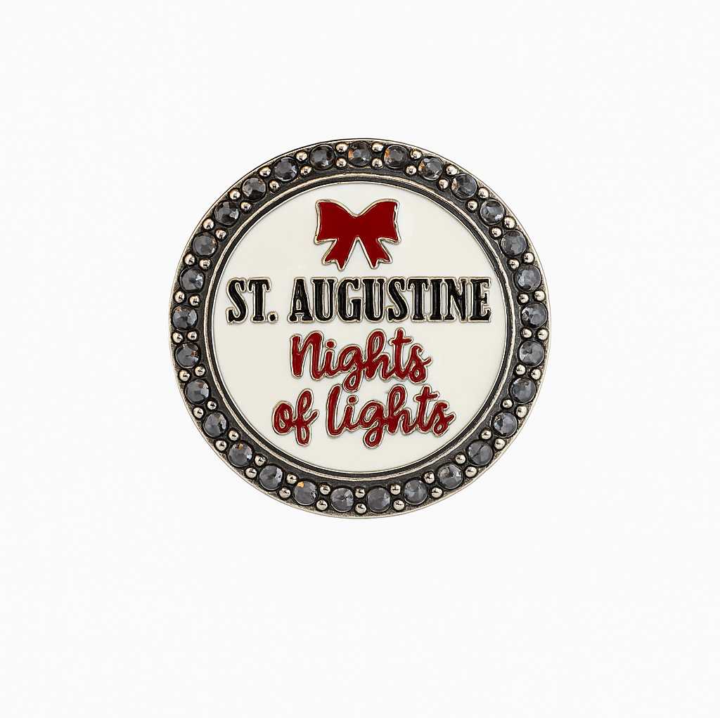 Round badge with 'St. Augustine Nights of Lights' text and red bow on a white background
