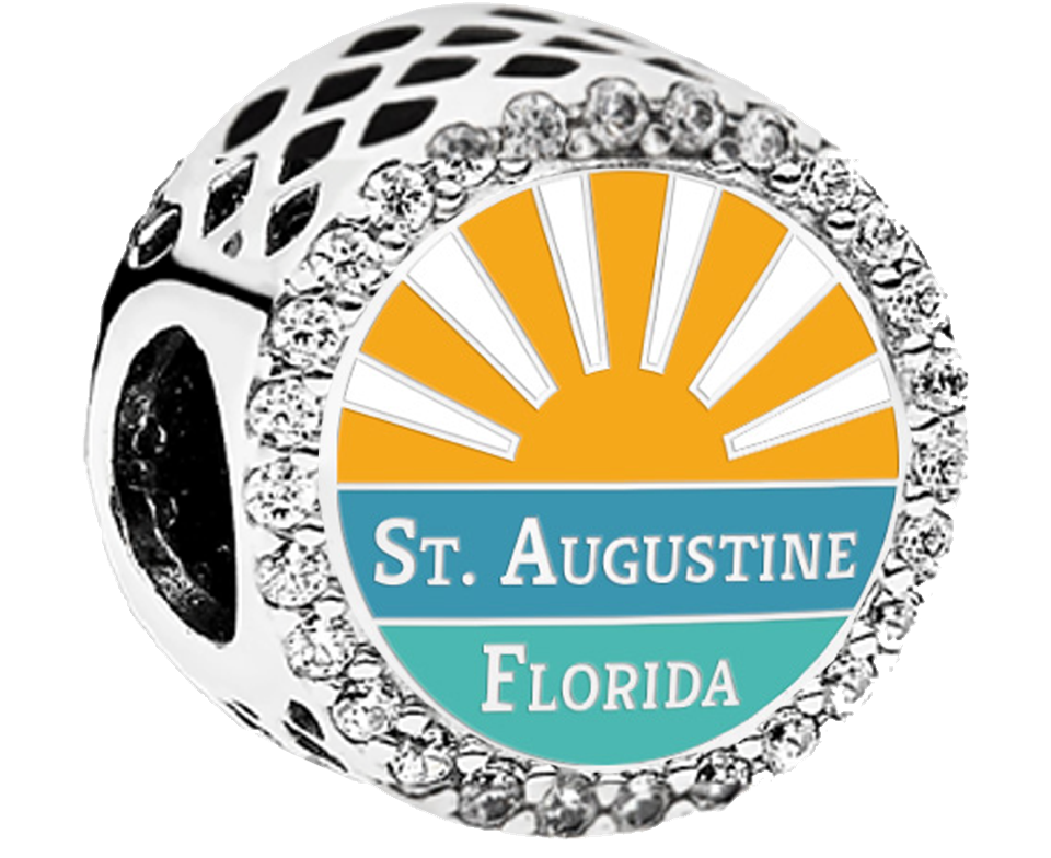 Pandora St. Augustine Sunshine sterling silver charm with crystal accents, sunrise graphic, and Florida state outline