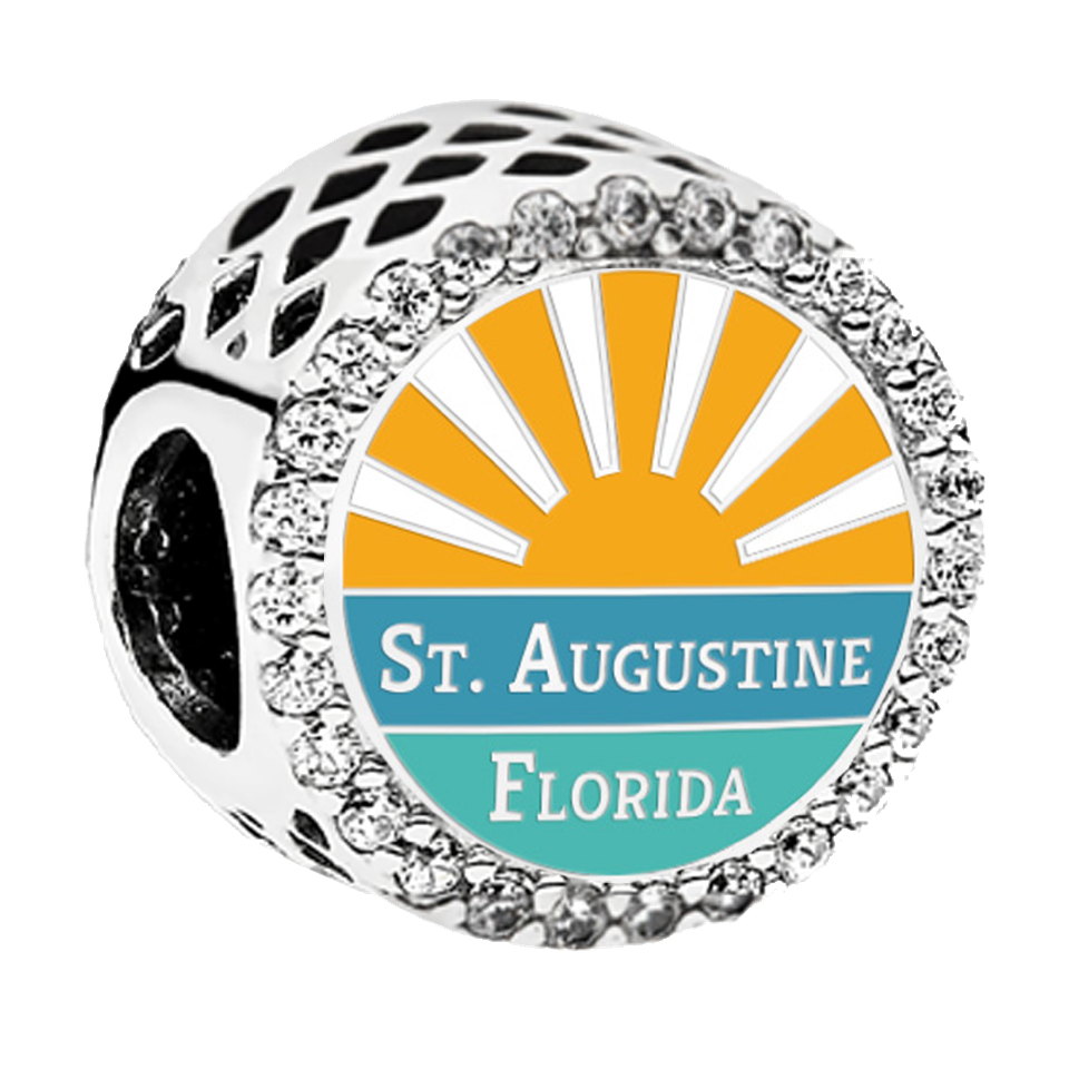 Pandora St. Augustine Sunshine sterling silver charm with crystal accents, sunrise graphic, and Florida state outline