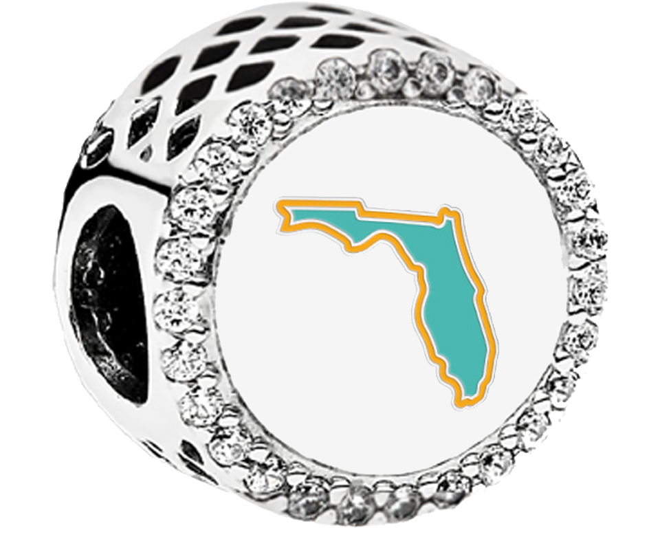 Pandora St. Augustine Sunshine sterling silver charm with crystal accents, sunrise graphic, and Florida state outline