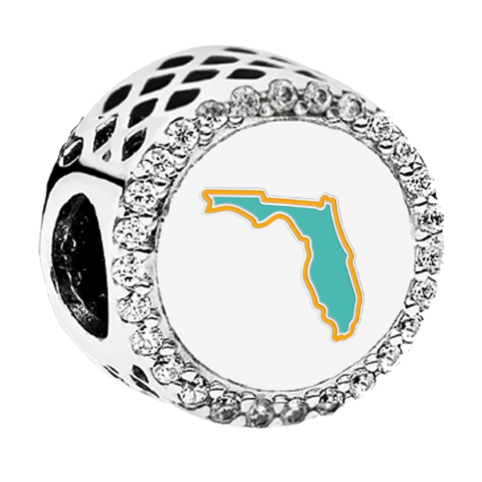 Pandora St. Augustine Sunshine sterling silver charm with crystal accents, sunrise graphic, and Florida state outline