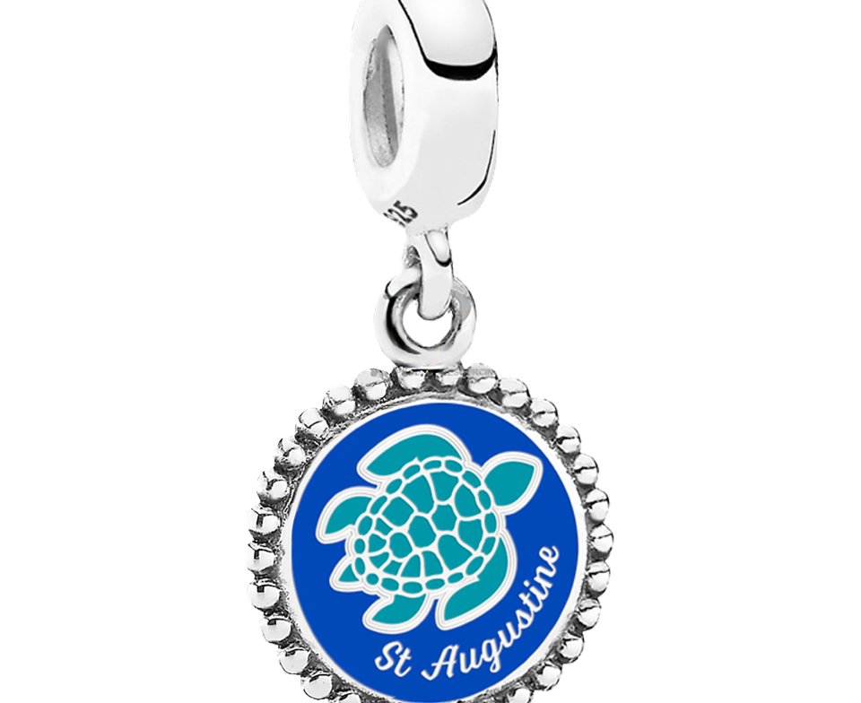 Genuine Pandora custom St. Augustine Turtle Dangle Charm in sterling silver, showcasing a graceful sea turtle accented with fine detailing and “St. Augustine” engraving. A shimmering coastal keepsake available exclusively at Artsy Abode.