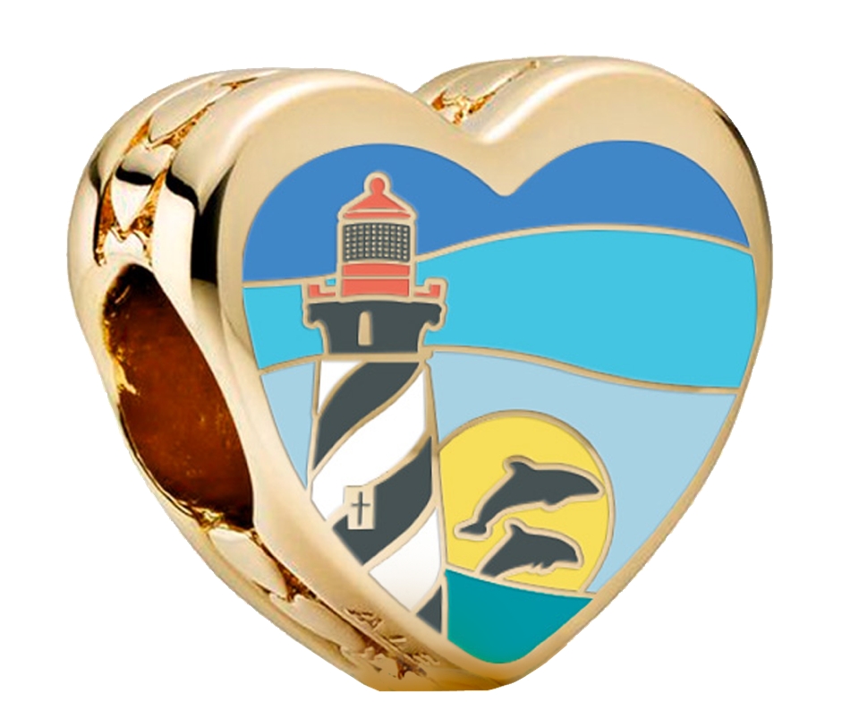 Genuine Pandora custom St. Augustine Lighthouse Charm in radiant gold, featuring intricate detailing of the historic lighthouse and elegant coastal accents. A collectible charm available exclusively at Artsy Abode in St. Augustine, Florida.