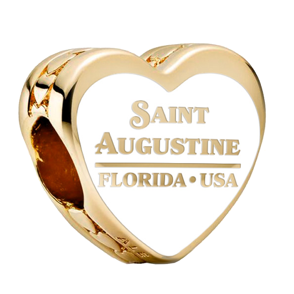 Genuine Pandora custom St. Augustine Lighthouse Charm in radiant gold, featuring intricate detailing of the historic lighthouse and elegant coastal accents. A collectible charm available exclusively at Artsy Abode in St. Augustine, Florida.