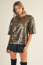 Gold and black sequin leopard print blouse with short sleeves