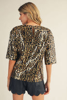 Gold and black sequin leopard print blouse with short sleeves