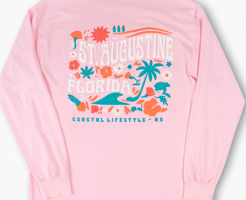 St. Augustine Coastal Lifestyle pink long sleeve shirt with tropical floral and palm tree graphic print