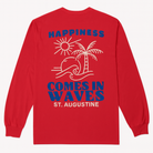 Red long sleeve cotton tee with plain decal featuring “Happiness Comes in Waves” slogan, sun, palm tree, and wave design, custom St. Augustine shirt.
