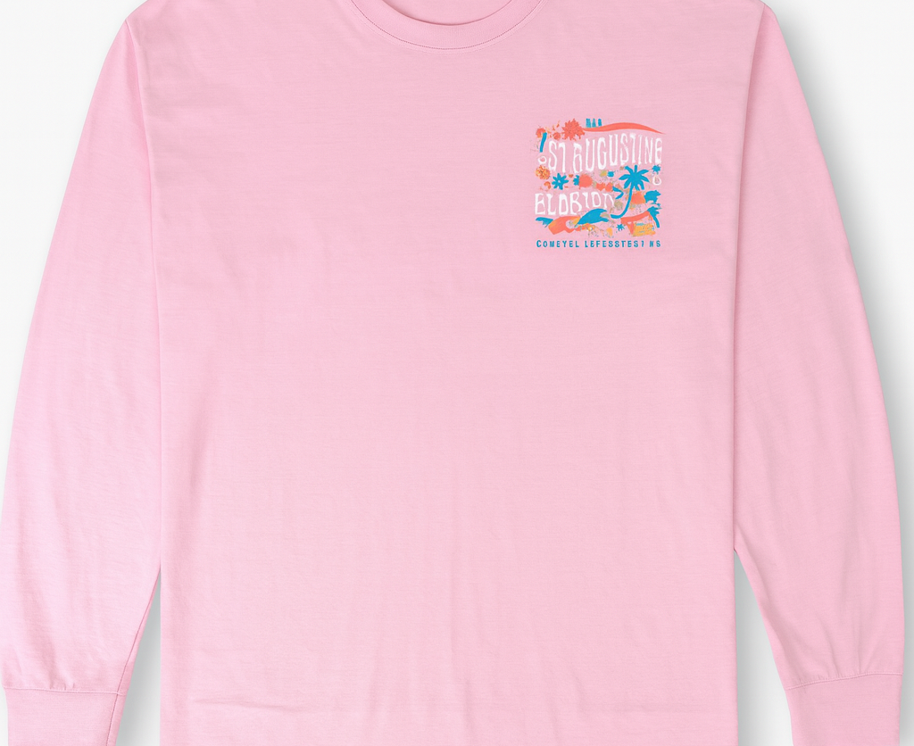St. Augustine Coastal Lifestyle pink long sleeve shirt with tropical floral and palm tree graphic print
