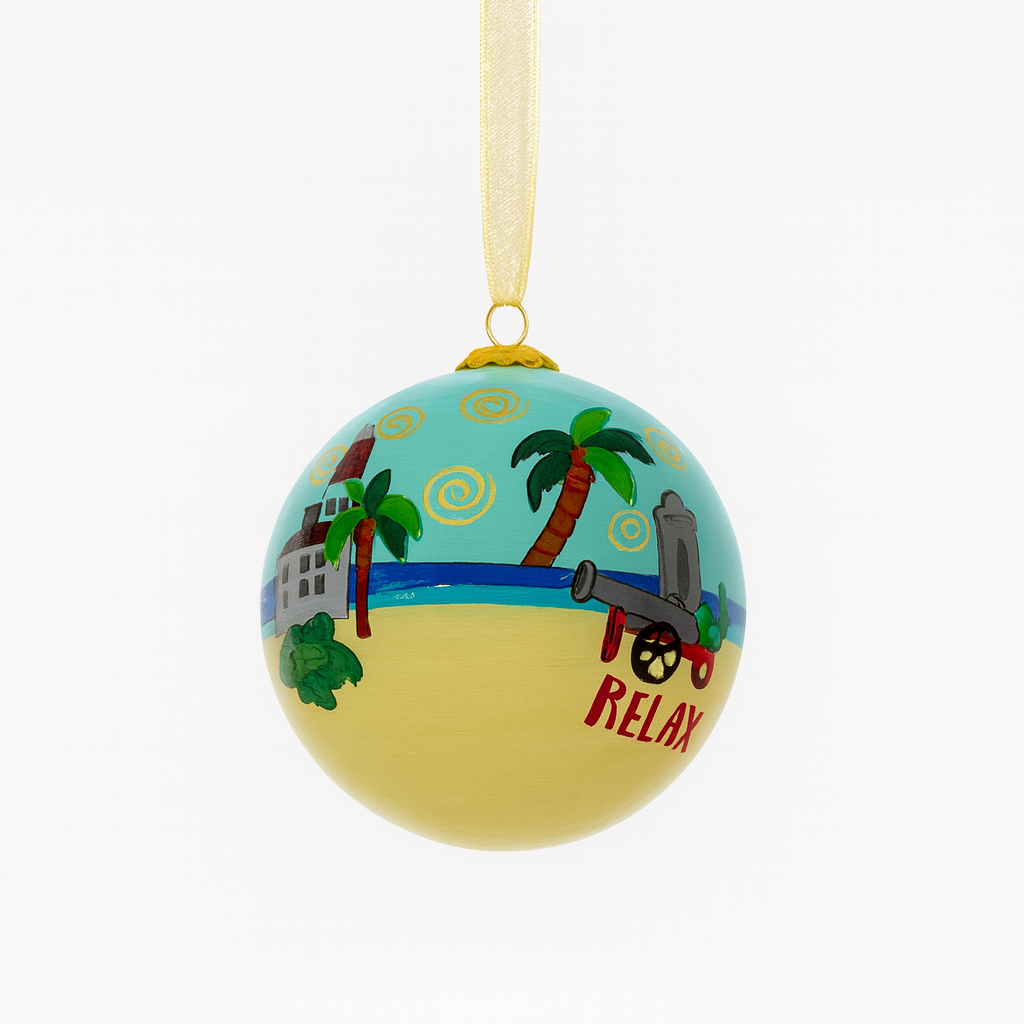 Decorative beach-themed ornament with palm trees and 'Relax' text on a white background