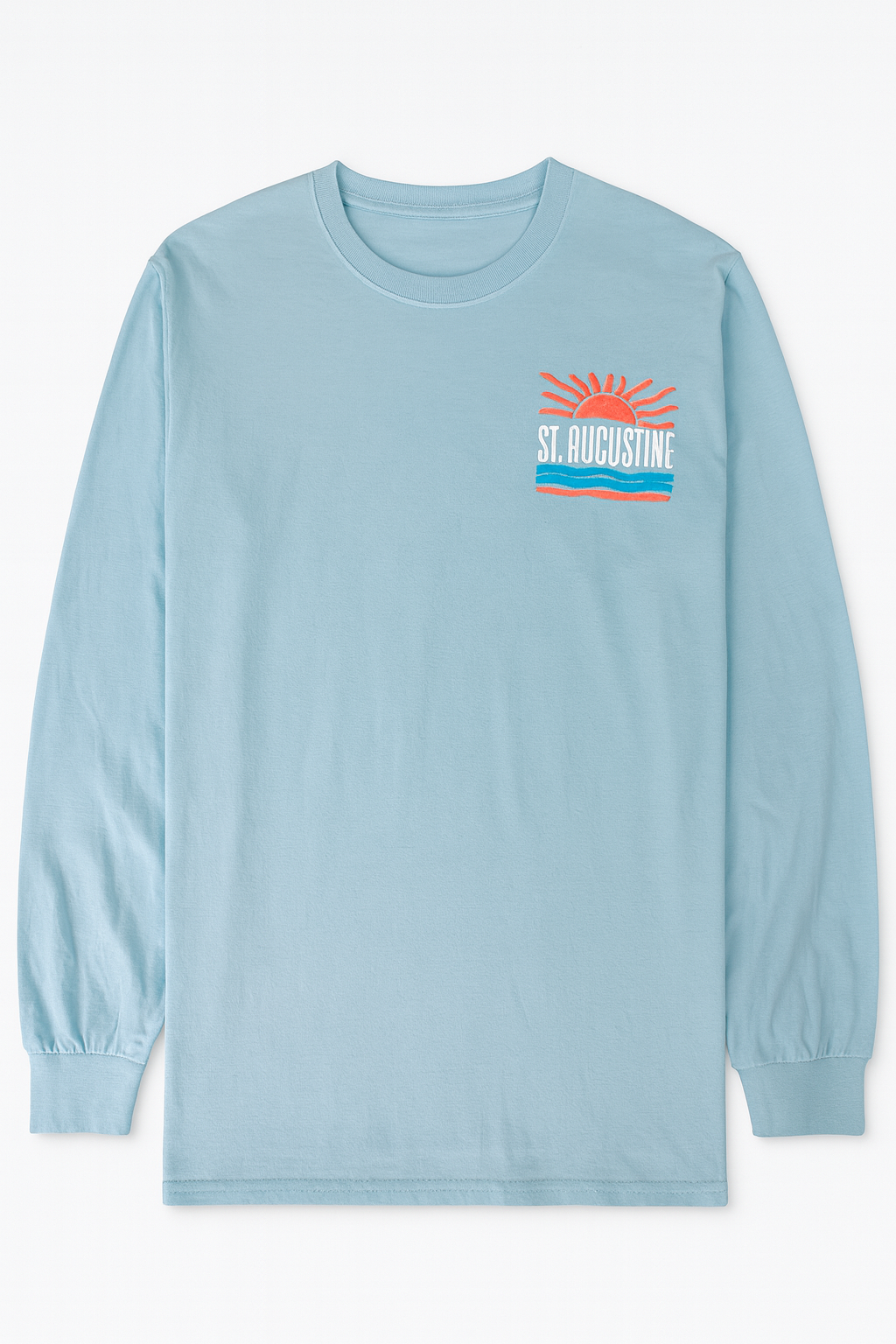 Light blue cotton long sleeve shirt with raised puffy decal design featuring a sunrise, waves, and bold St. Augustine Florida text.