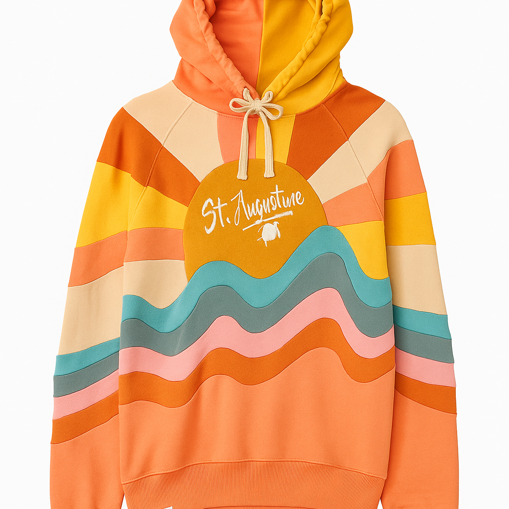 Colorful hoodie with wave design and 'St. Augustine' text on a white background