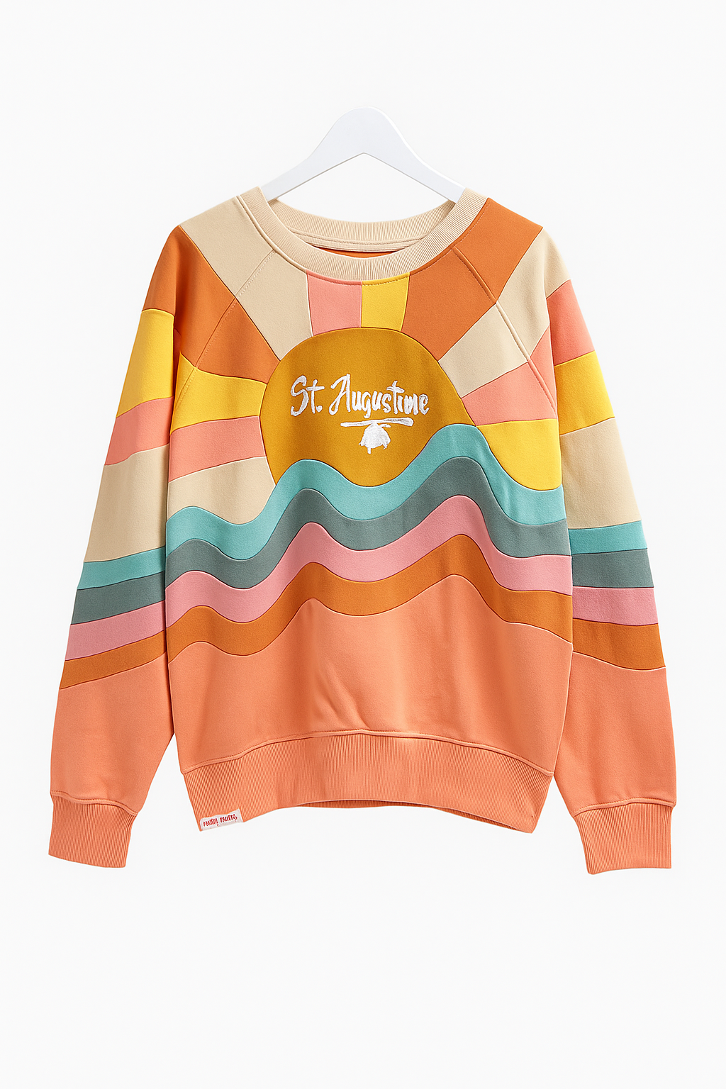 Colorful retro-style St. Augustine crewneck sweatshirt with embroidered text and wavy stripe design in warm sunset tones.