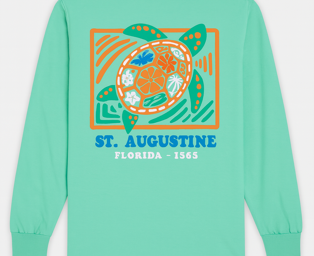 St. Augustine Sea Turtle mint green long sleeve cotton shirt with colorful raised puffy decal design.