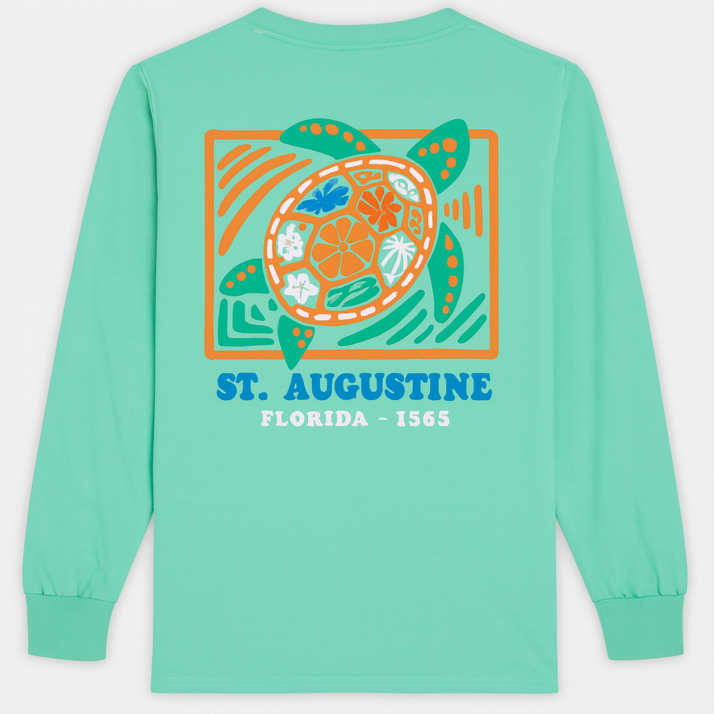 St. Augustine Sea Turtle mint green long sleeve cotton shirt with colorful raised puffy decal design.