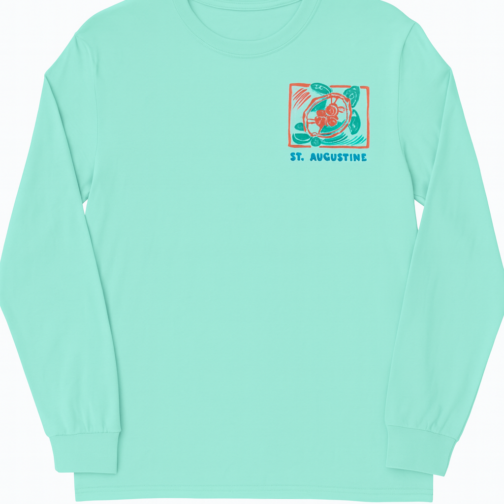 St. Augustine Sea Turtle mint green long sleeve cotton shirt with colorful raised puffy decal design.