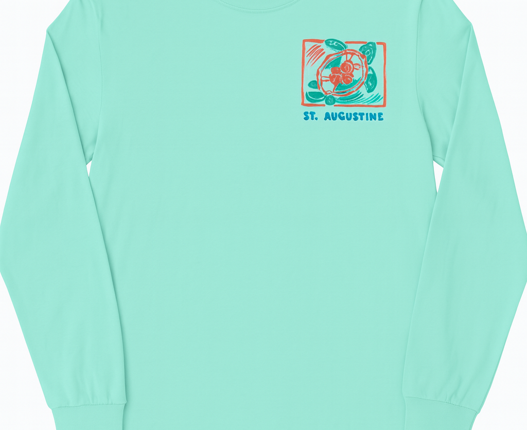 St. Augustine Sea Turtle mint green long sleeve cotton shirt with colorful raised puffy decal design.