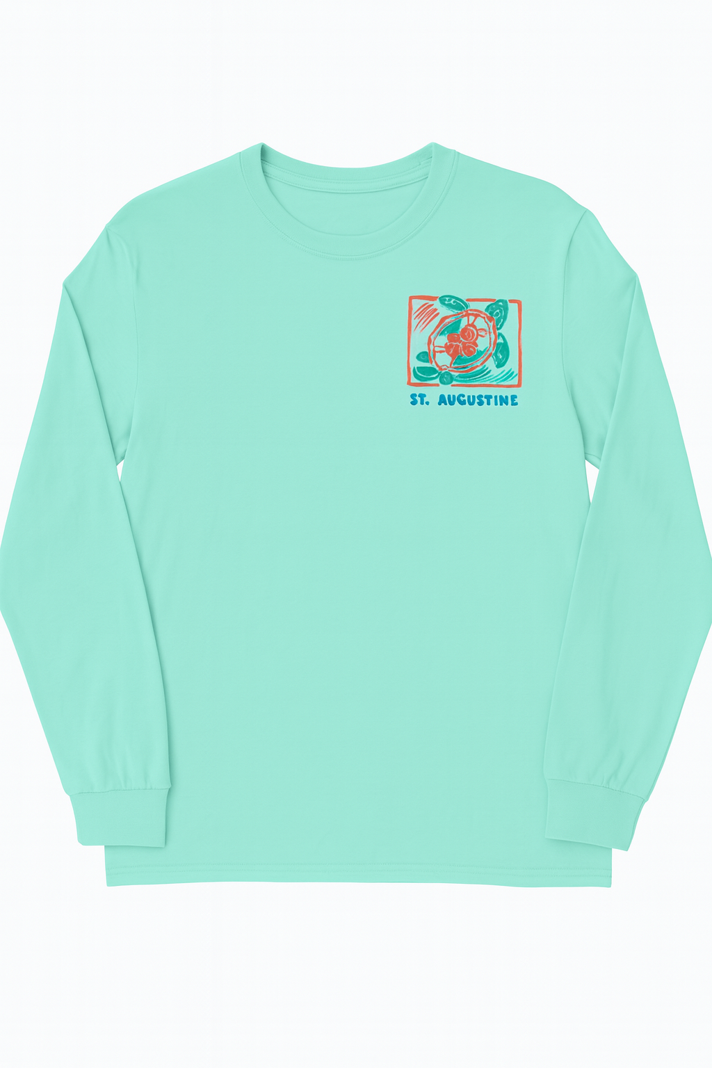 St. Augustine Sea Turtle mint green long sleeve cotton shirt with colorful raised puffy decal design.
