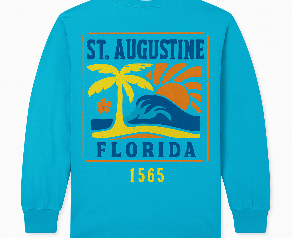 St. Augustine turquoise cotton long sleeve shirt with coastal sunset, palm tree, and ocean wave print
