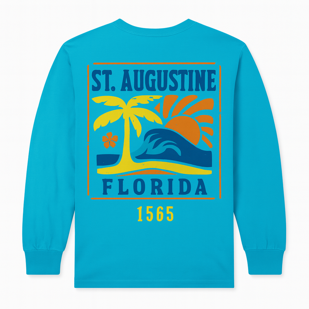 St. Augustine turquoise cotton long sleeve shirt with coastal sunset, palm tree, and ocean wave print