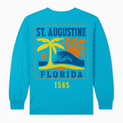 St. Augustine turquoise cotton long sleeve shirt with coastal sunset, palm tree, and ocean wave print