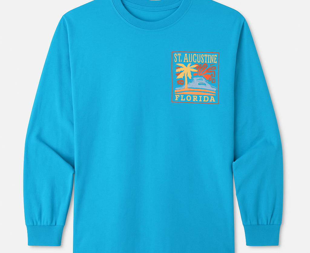 St. Augustine turquoise cotton long sleeve shirt with coastal sunset, palm tree, and ocean wave print