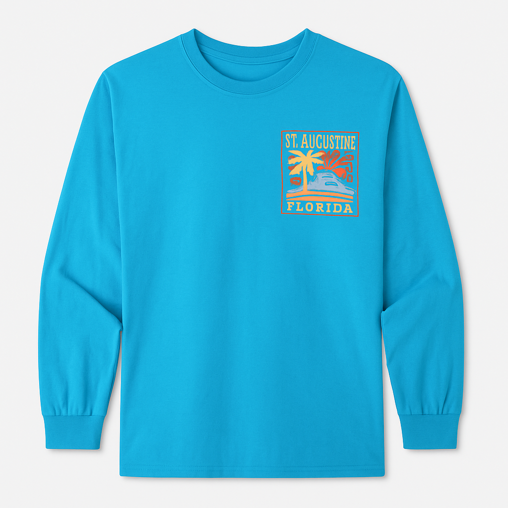 St. Augustine turquoise cotton long sleeve shirt with coastal sunset, palm tree, and ocean wave print