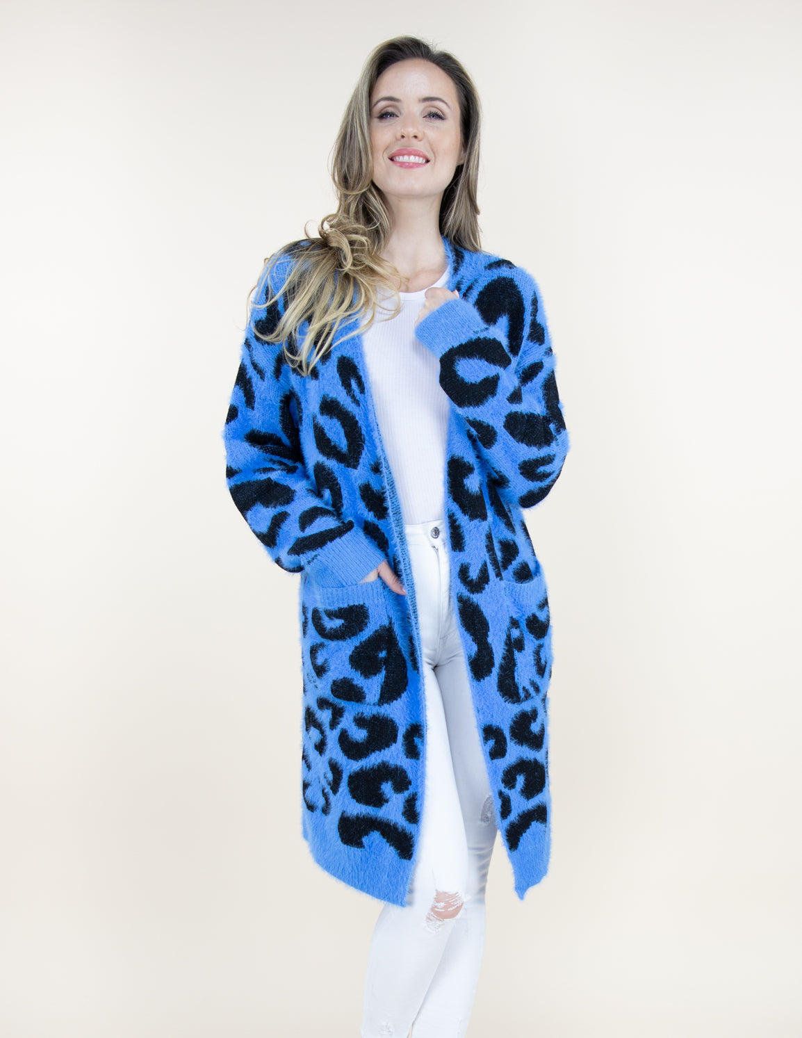 Long Sleeve Cardigan Blue Leopard - Artsy Abode