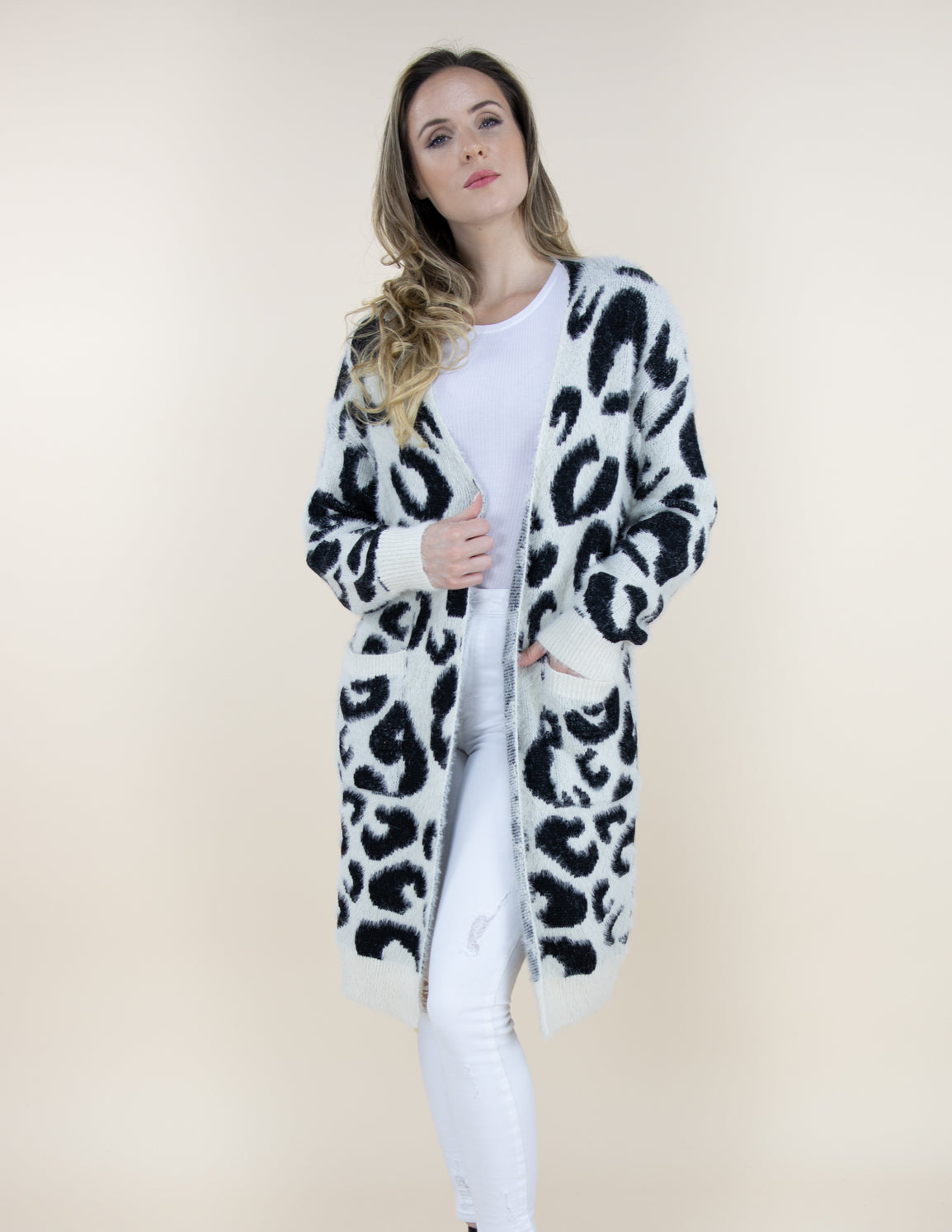 Long Sleeve Cardigan - White Leopard - Artsy Abode