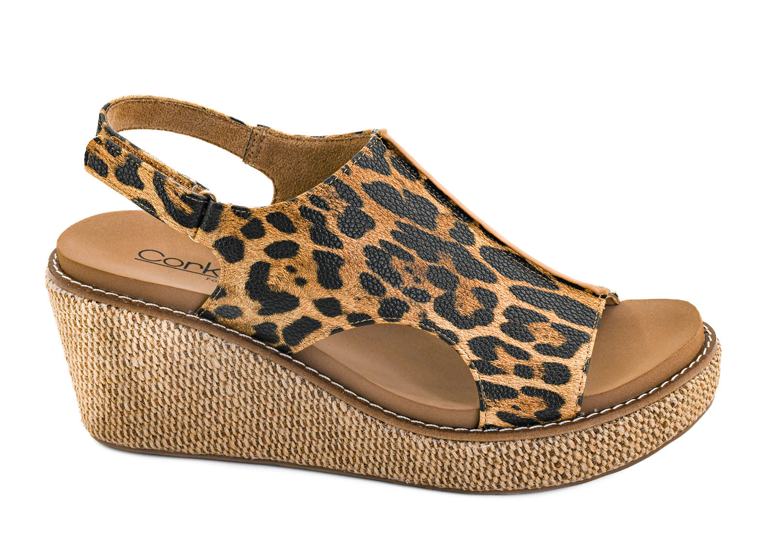 Leopard print wedge sandal with an open toe, slingback strap, cushioned tan footbed, and raffia-inspired platform wedge.